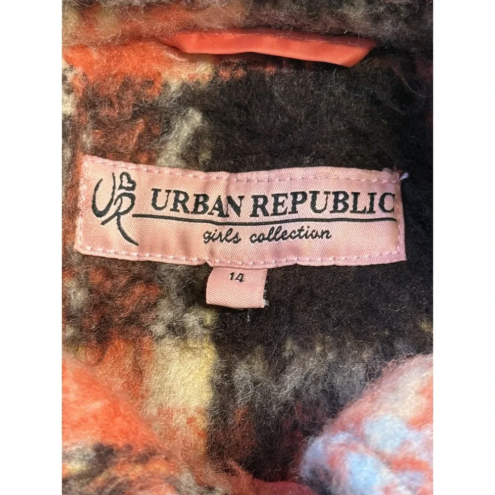 Urban Republic Coat Girls 14 Multicolor Plaid Pleated Faux Fur Hood Pockets